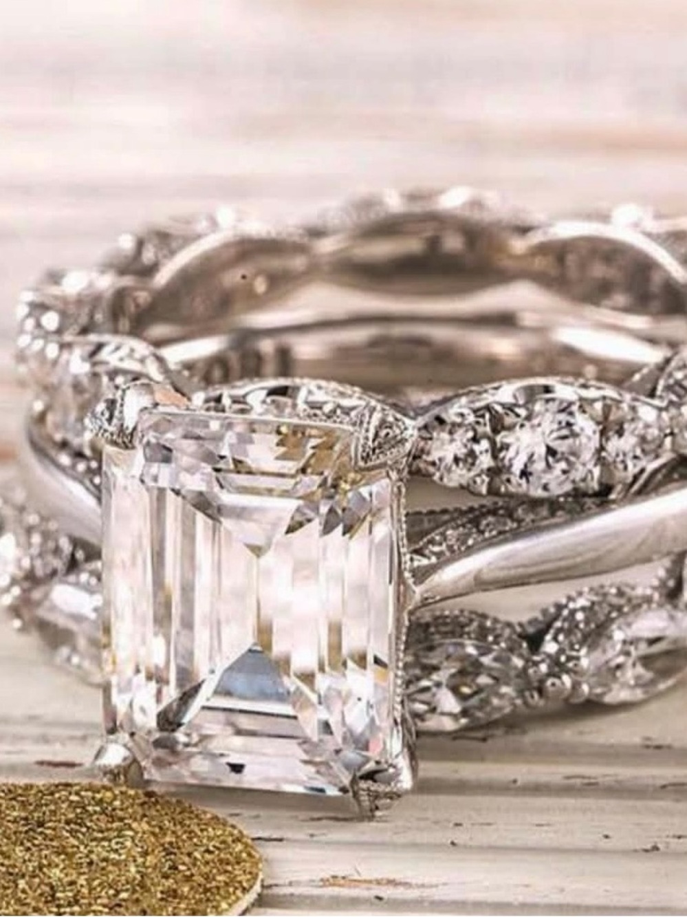 Silver Emerald-Cut Clear Stone Engagement Ring Set